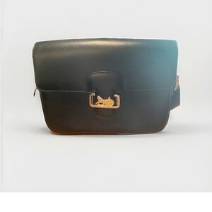 Celine Vintage Black Leather Shoulder Bag with Gold Horse Buckle